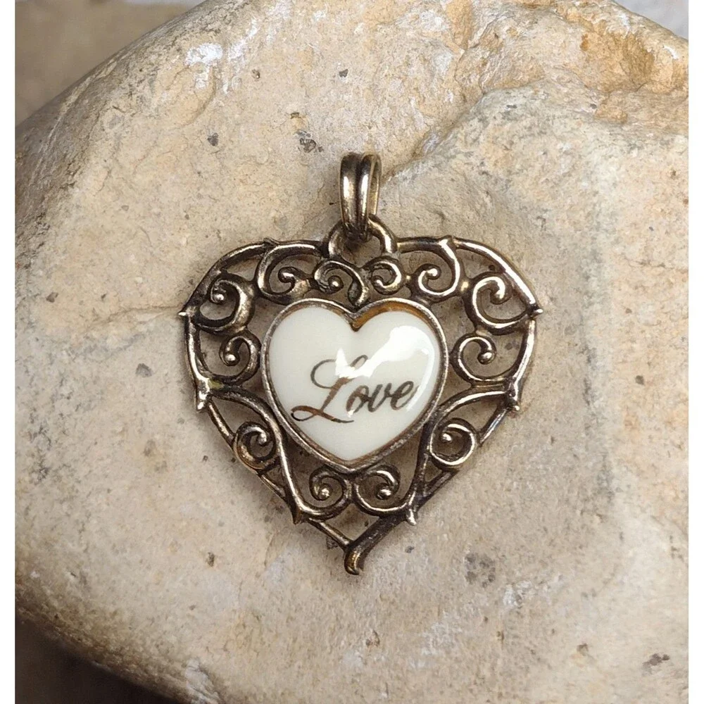 Vintage Lennox China Silver Silver 14k Gold Wash Heart Pendant